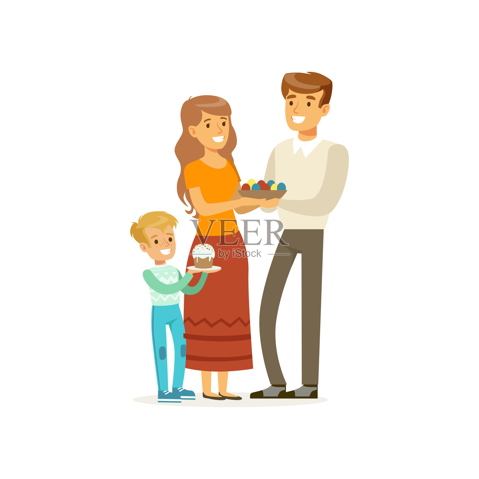 快乐的基督教家庭母亲，父亲和小儿子。人们用传统的食物鸡蛋和蛋糕来庆祝复活节。卡通人物角色。平面向量的设计插画图片素材