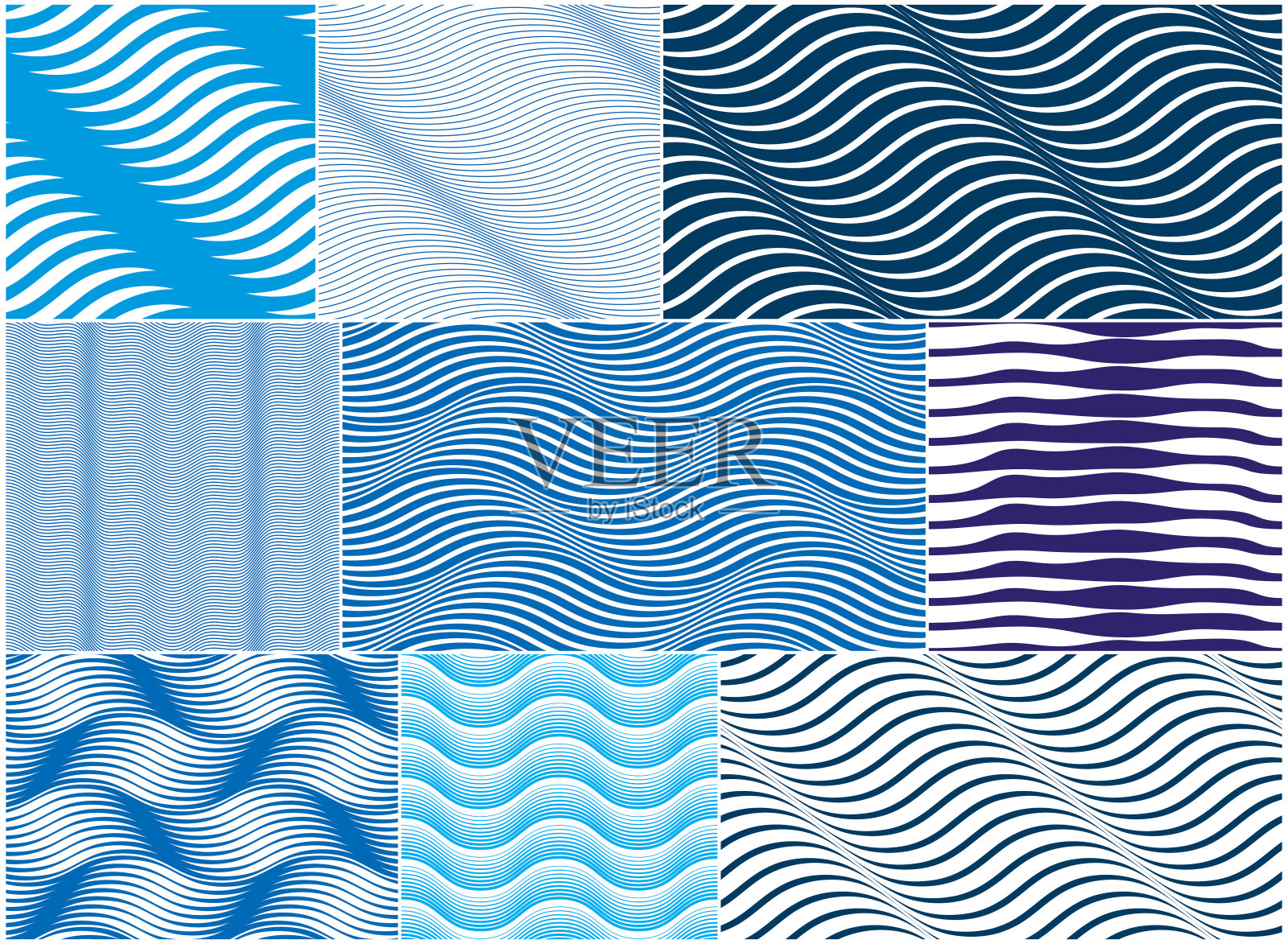 混沌波无缝图案，矢量曲线抽象重复平铺背景，蓝色韵律波。插画图片素材