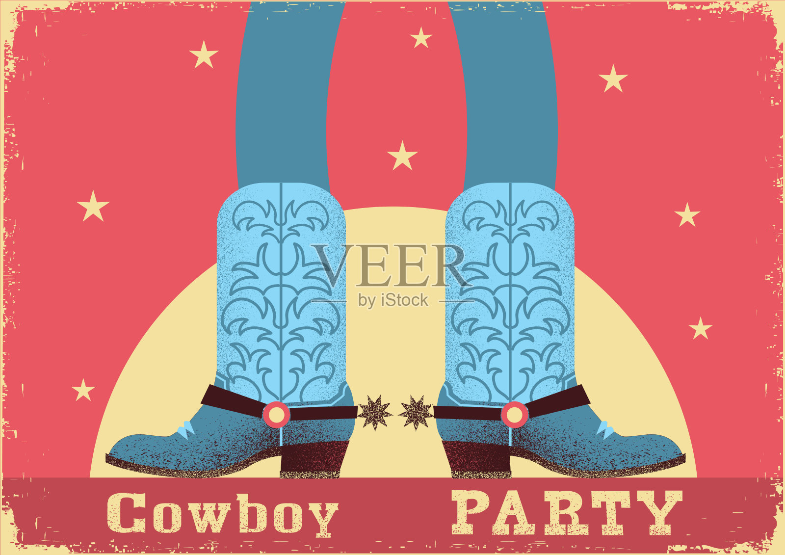 牛仔派对卡背景与牛仔腿在西部靴子插画图片素材