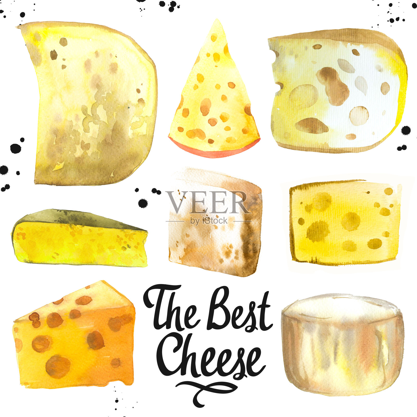 水彩插图与不同的贵族奶酪:卡门贝尔干酪，豪达干酪，帕尔马干酪，蓝色，埃德默，马斯丹干酪，布里干酪，羊乳干酪。小吃店。农场奶牛插图。新鲜的有机食品插画图片素材