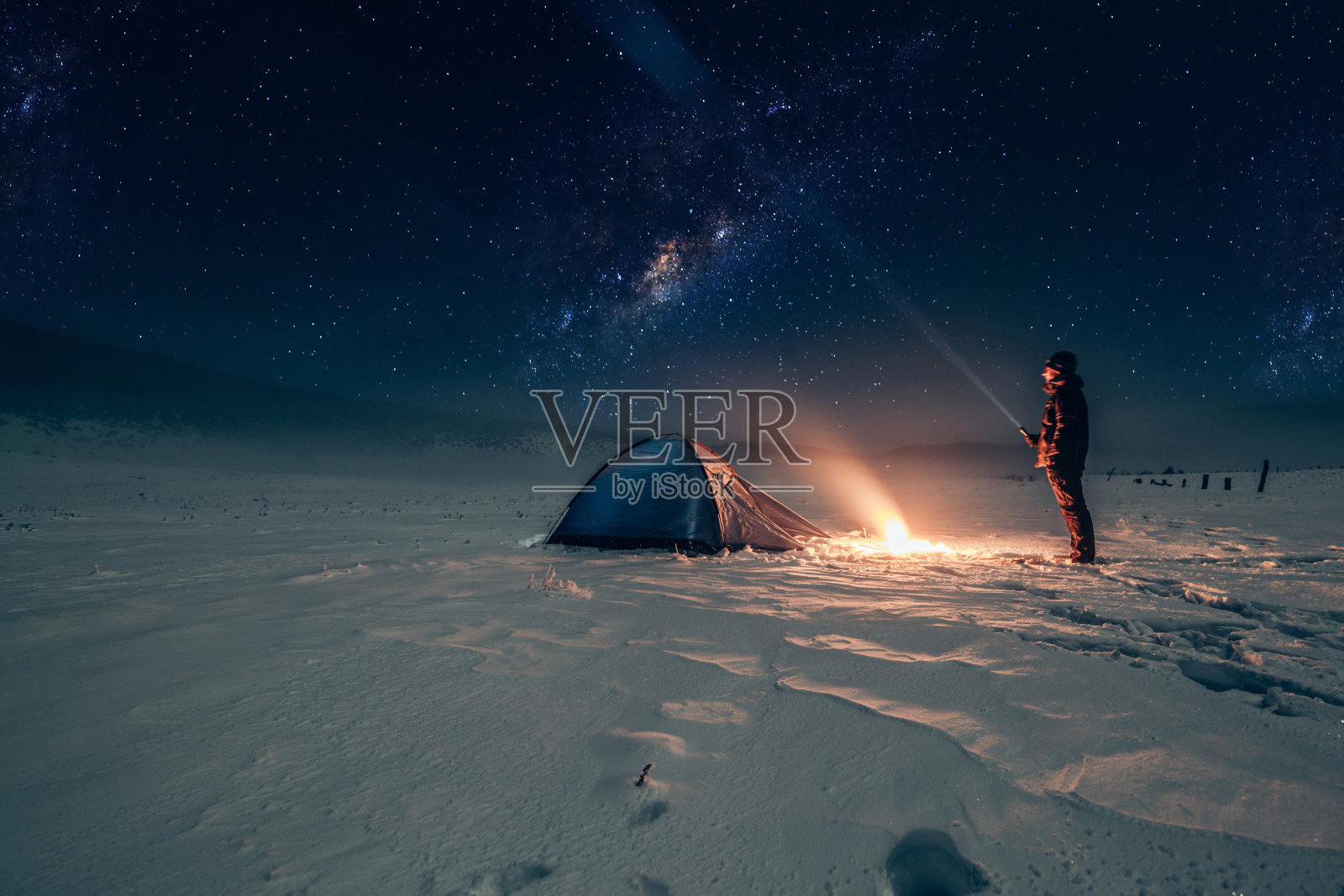 美丽天空下孤独的露营者照片摄影图片