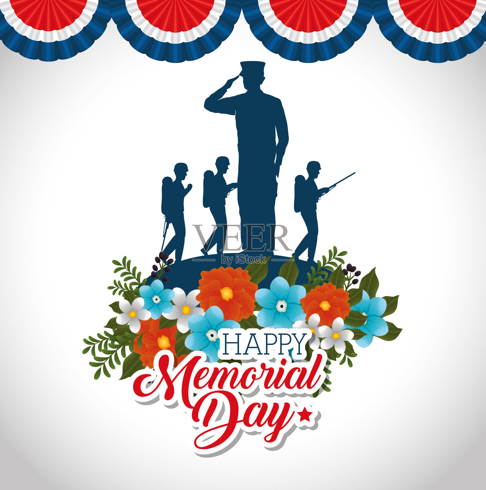 用美丽的鲜花和士兵剪影来庆祝快乐的纪念日插画图片素材