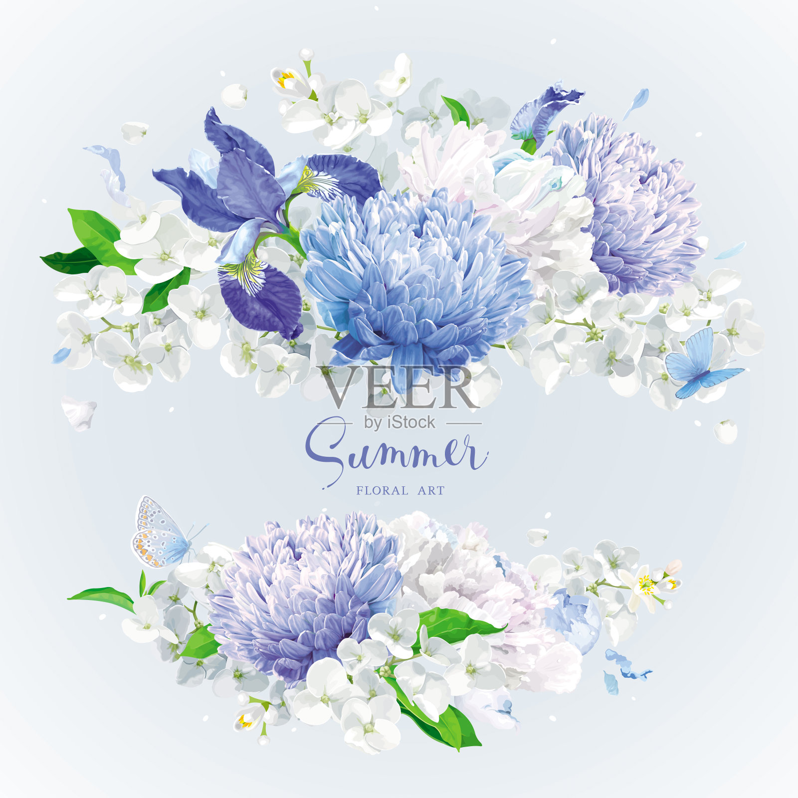 白色和蓝色的夏日鲜花花束插画图片素材