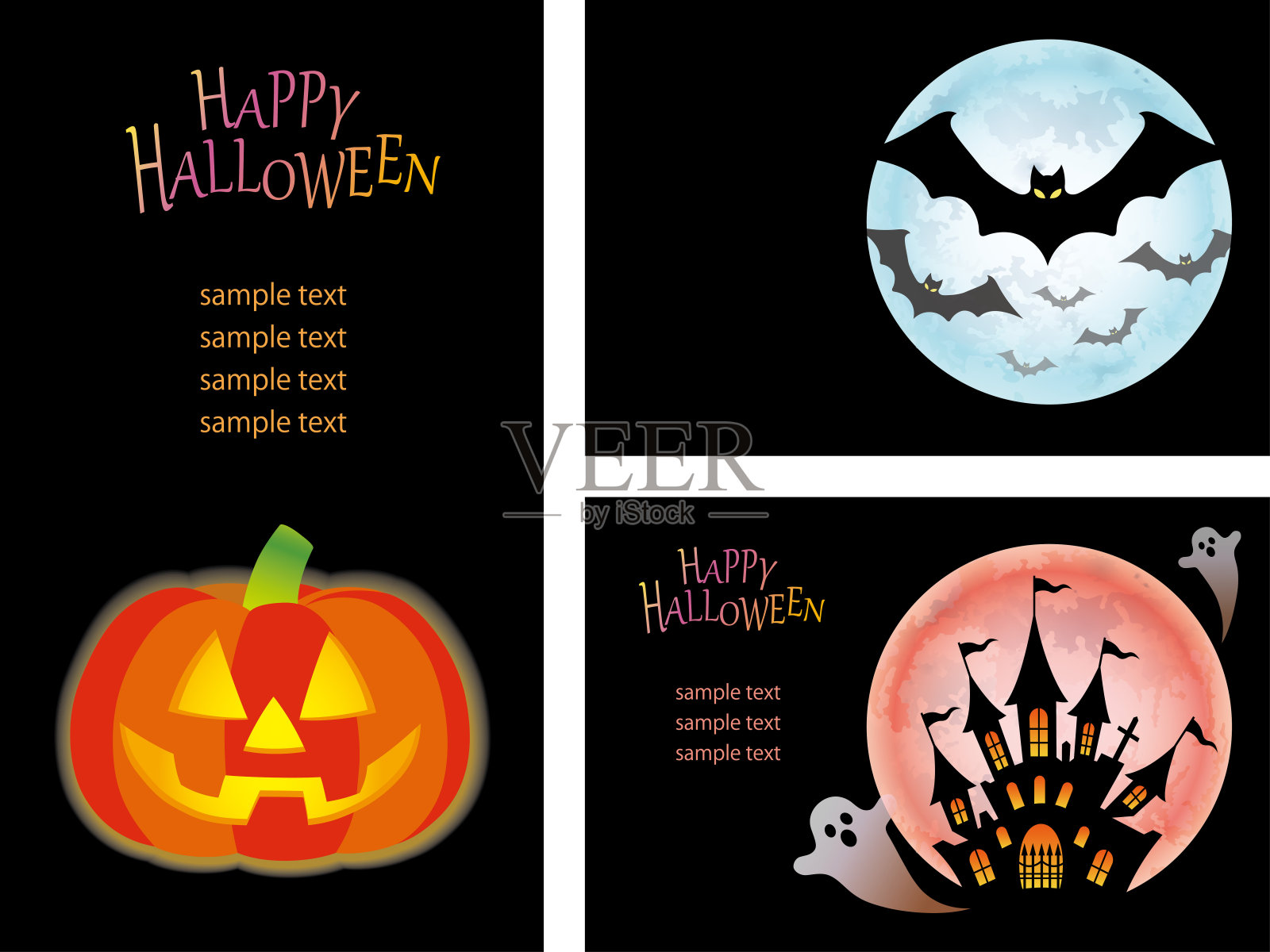 一套三个快乐的万圣节卡片模板与杰克- o ' -灯笼，蝙蝠，和鬼屋鬼。设计模板素材