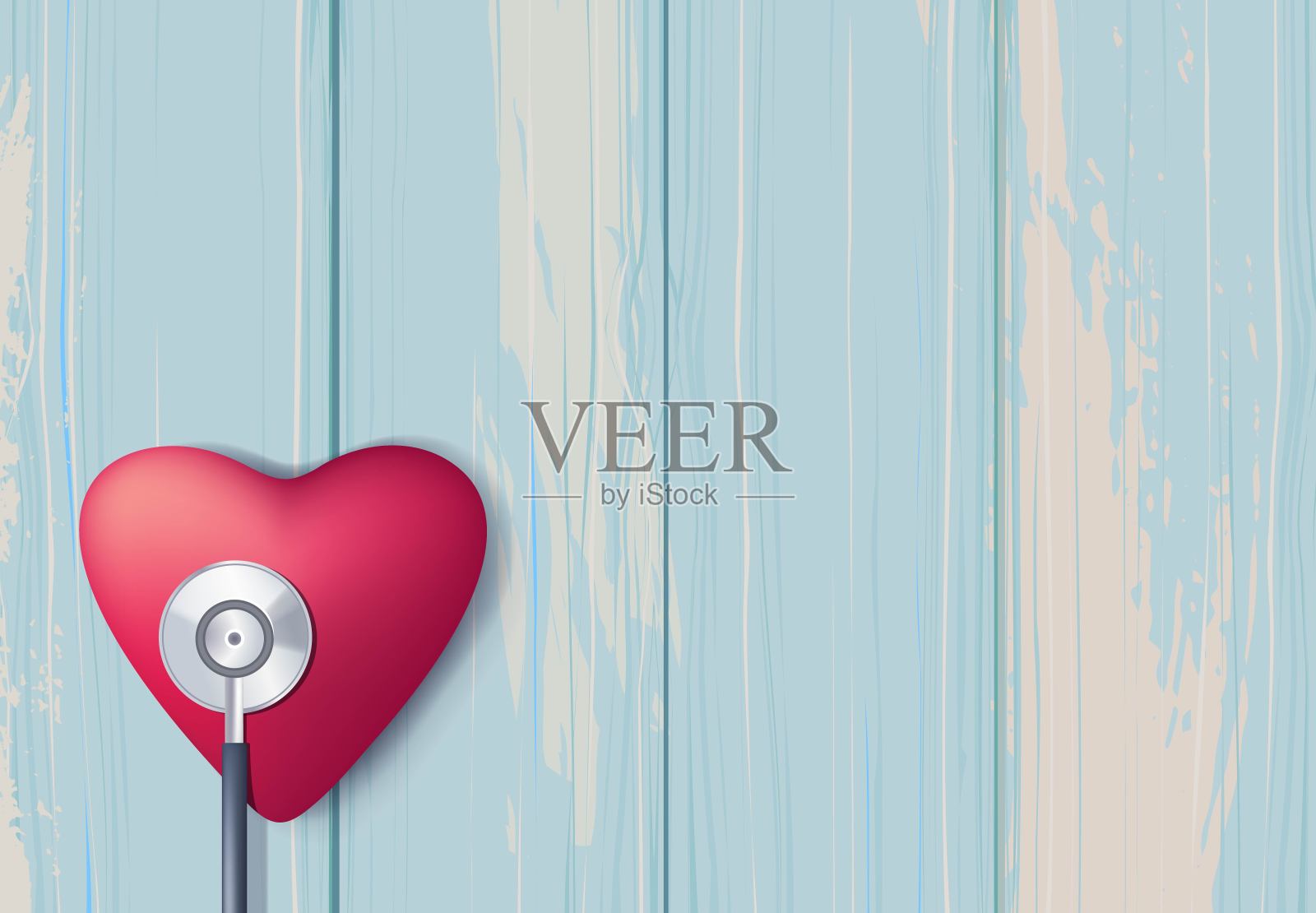 粉红色的心和听诊器在蓝色木制背景上。插画图片素材