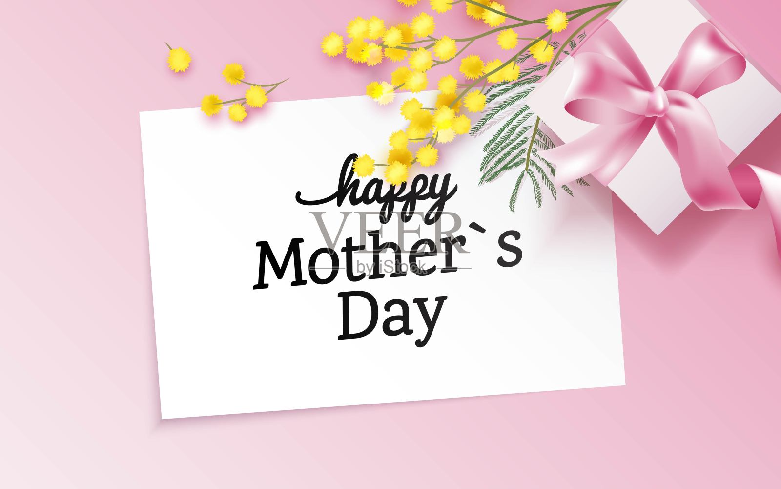 母亲节快乐贺卡与礼品盒和含羞草枝在粉红色的背景。设计模板素材