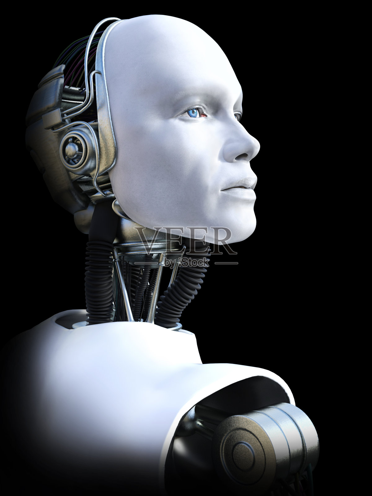 男性机器人头部的3D渲染。照片摄影图片