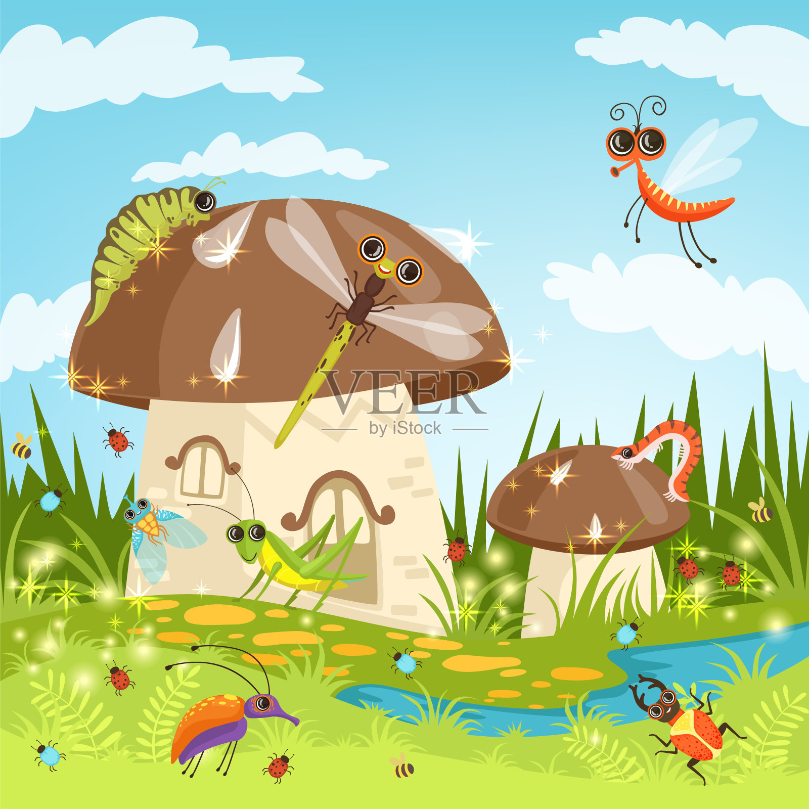 童话般的风景和有趣的昆虫插画图片素材