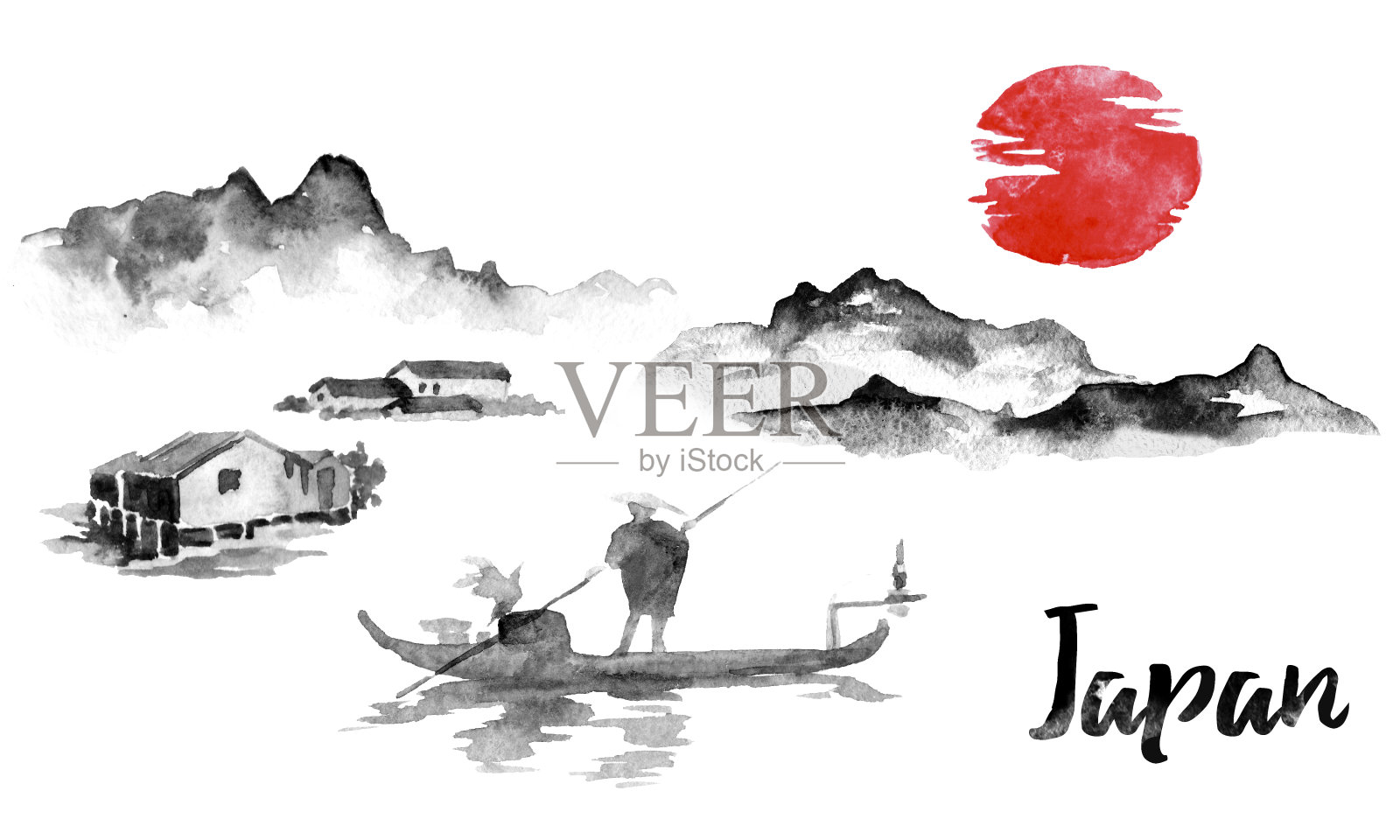 日本传统sumi-e画。墨汁插图。男人和船。夕阳,黄昏。日本的照片。插画图片素材