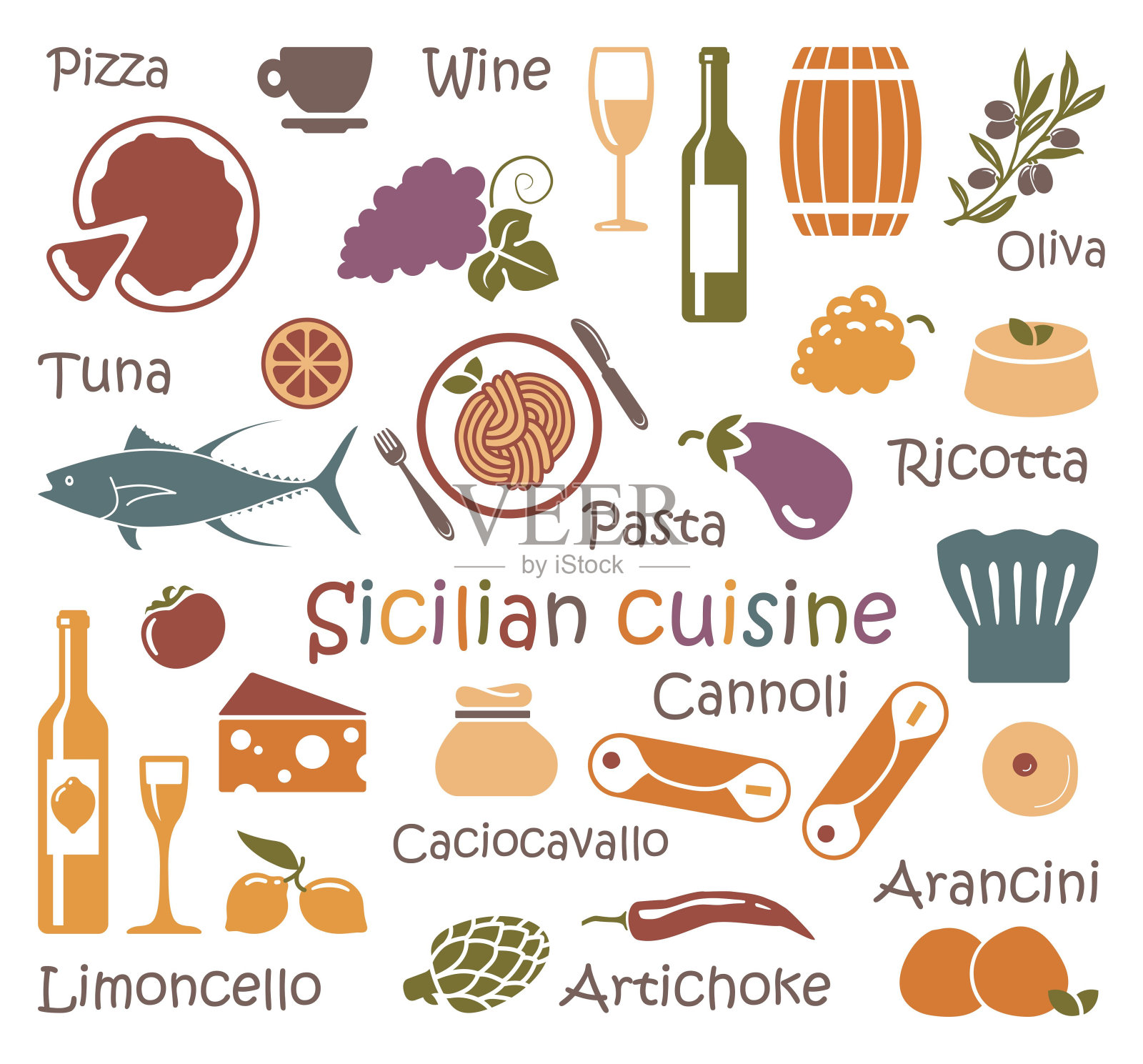 西西里美食。食物和产品的一组图标插画图片素材