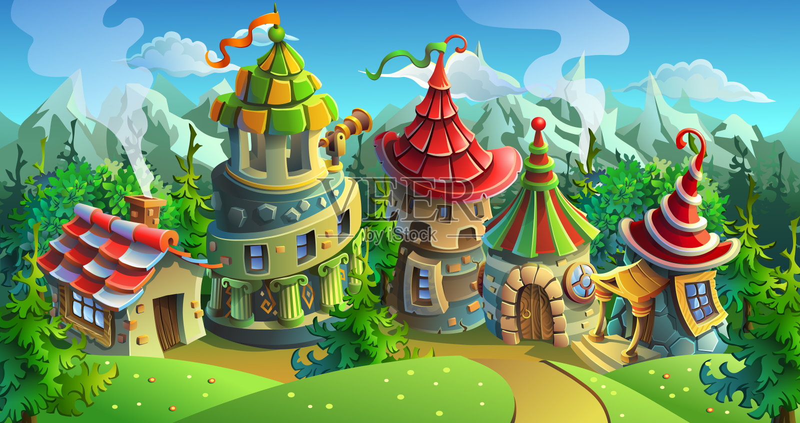 一个童话般的村庄，有明亮的房屋和城堡。矢量插图。插画图片素材