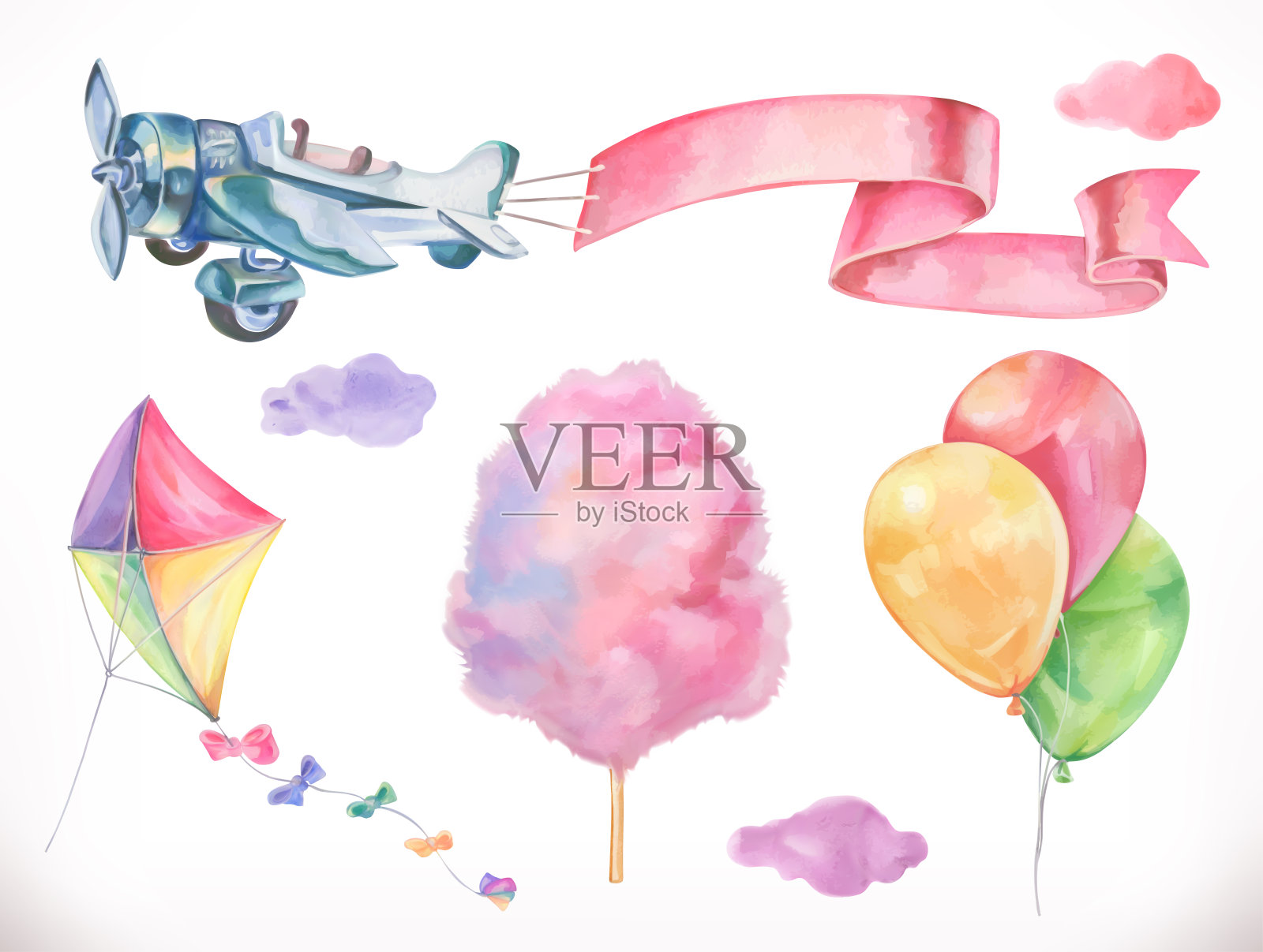 水彩的空气。风筝，飞机，棉花糖和云朵，气球。矢量图标设置设计元素图片