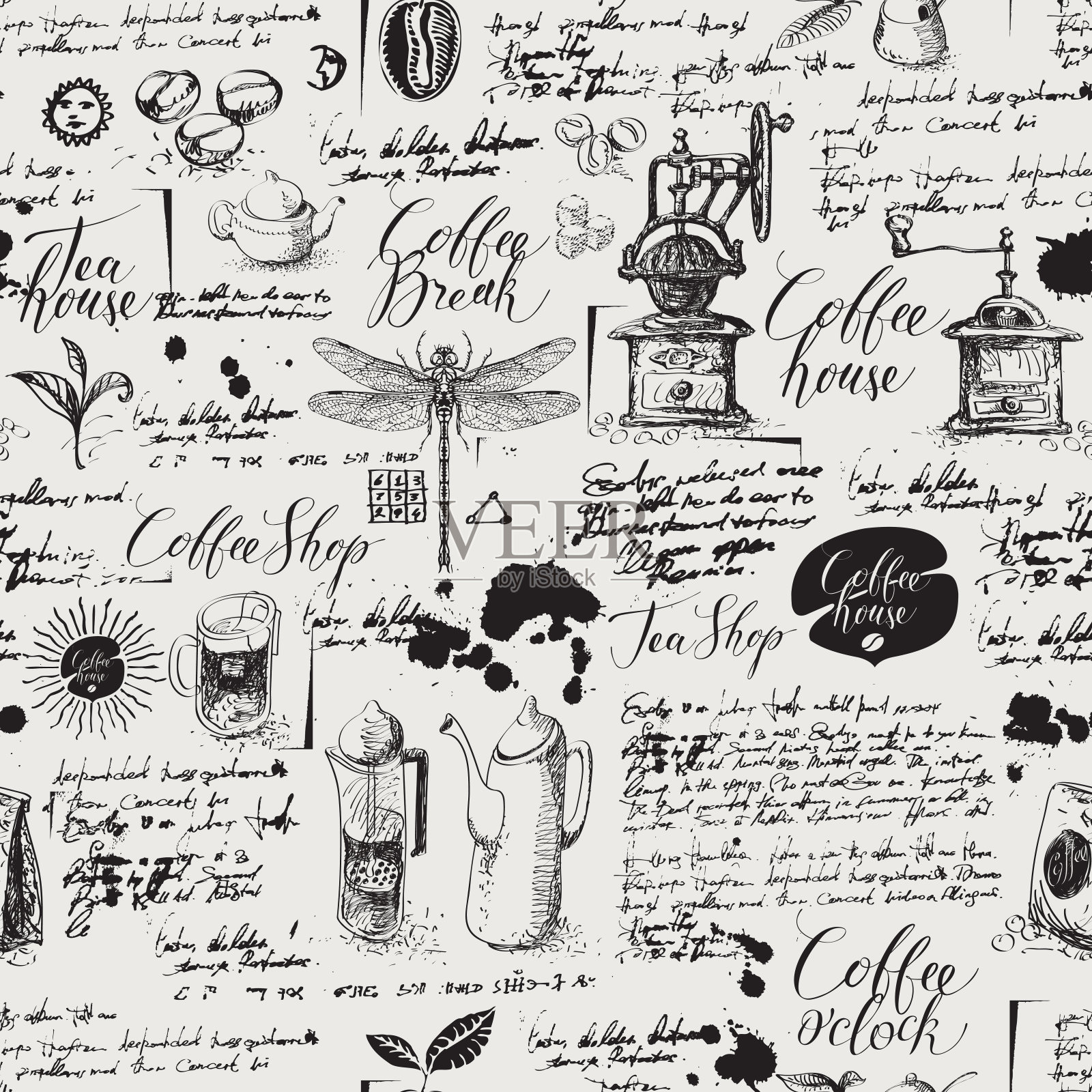 Grunge无缝背景的咖啡和茶的主题插画图片素材