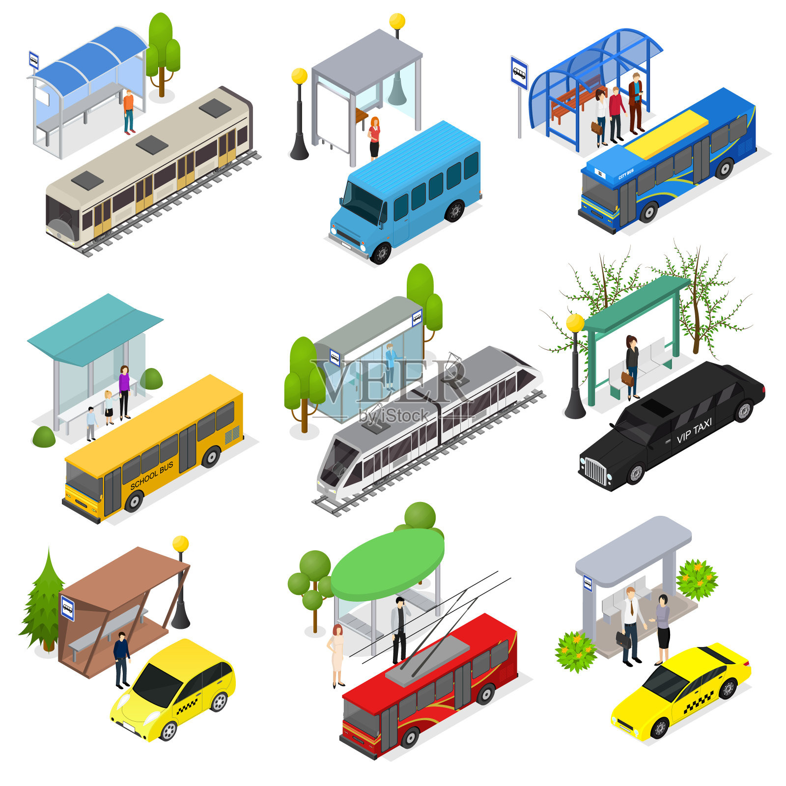 不同类型城市公共交通3d图标设置等距视图。向量插画图片素材