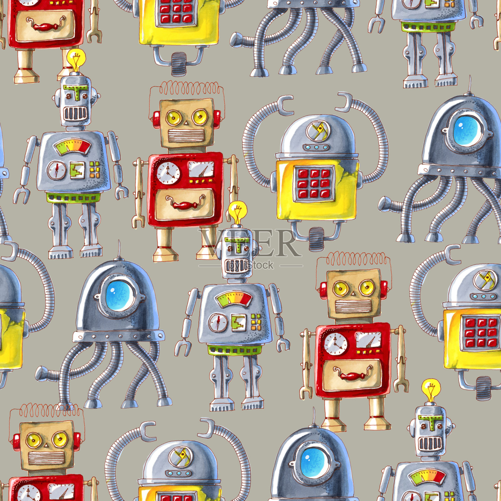 水彩illustartion。无缝模式的彩色机器人在白色的背景。机器人玩具背景插画图片素材