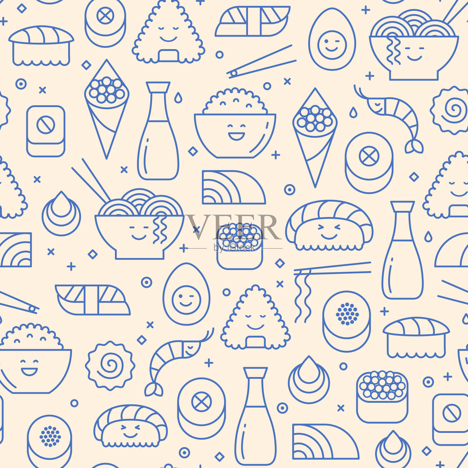 无缝模式与图标的日本食物插画图片素材