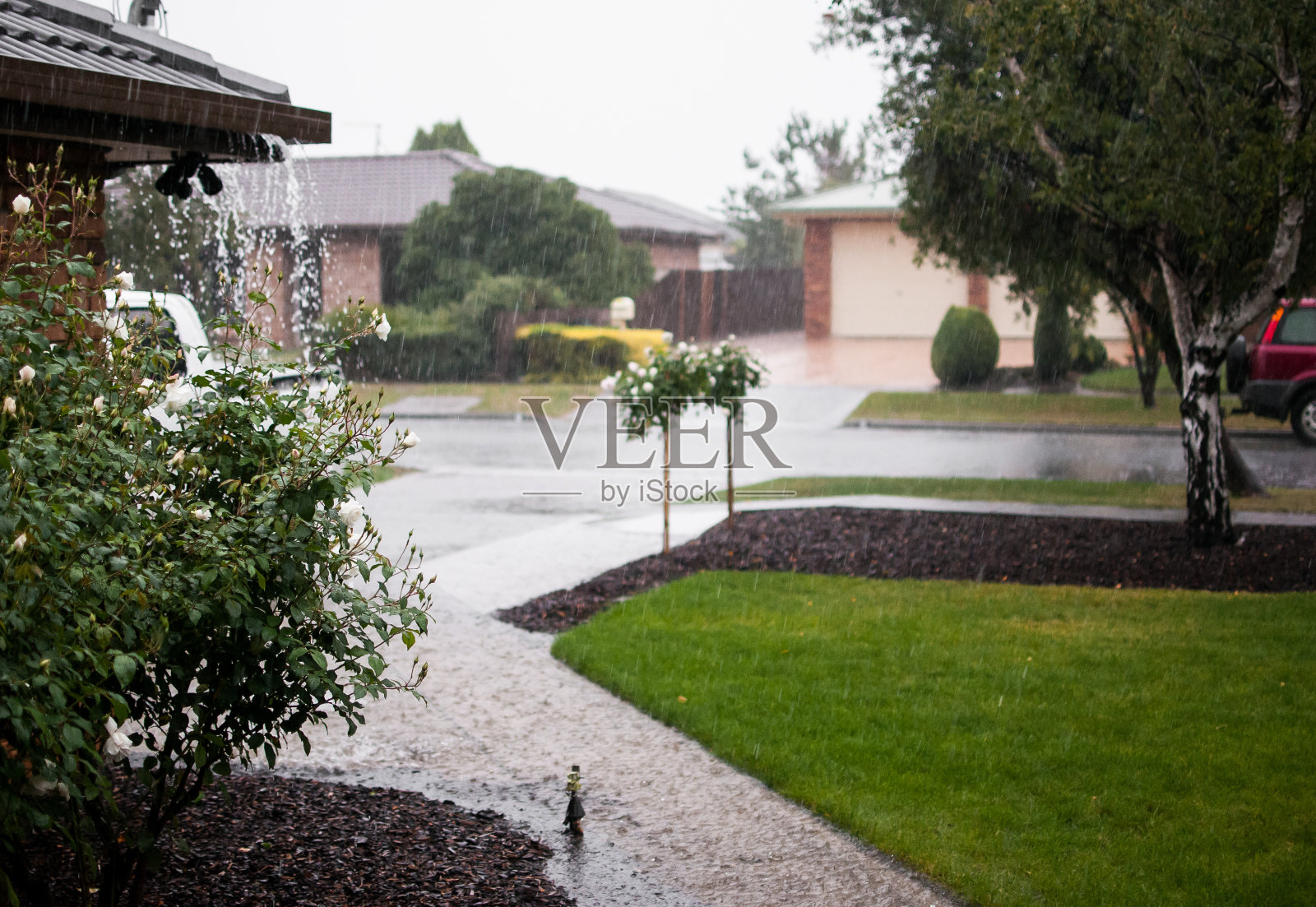 大雨在前院造成水坑和溢出的水沟照片摄影图片