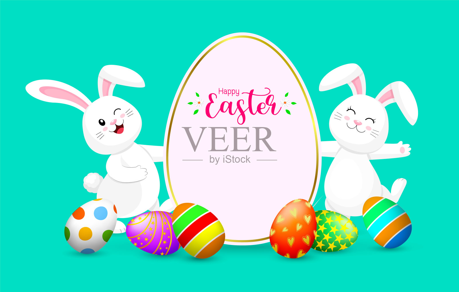 寻找复活节彩蛋和可爱的兔子的派对海报。设计模板素材