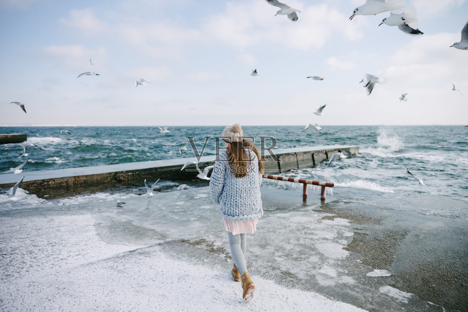 后视图的年轻女子走在冬天的海边与海鸥照片摄影图片