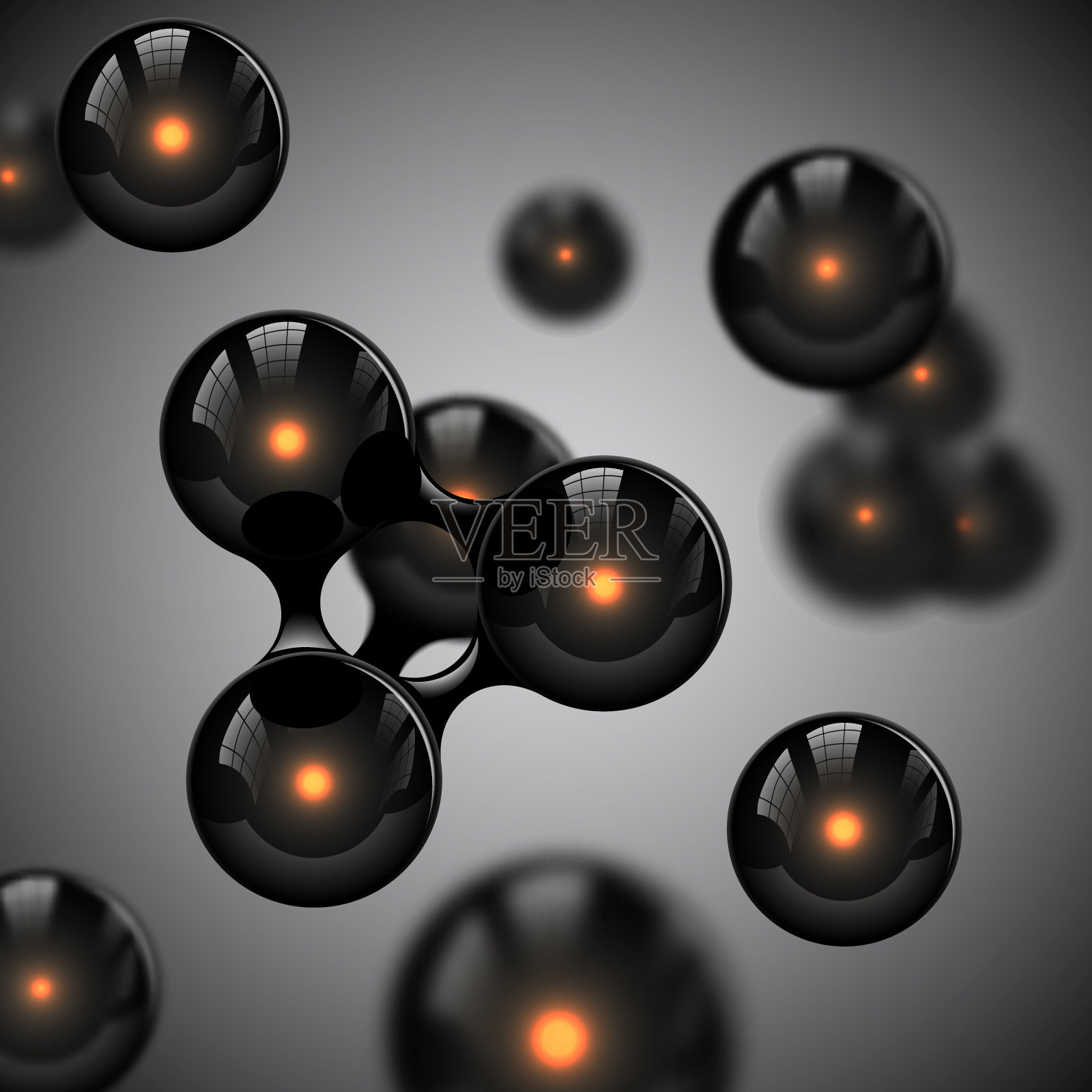 矢量抽象黑色光滑分子设计。原子与辉光核火花插图。未来的外星人基因背景科学横幅或传单。分子结构球形粒子插画图片素材