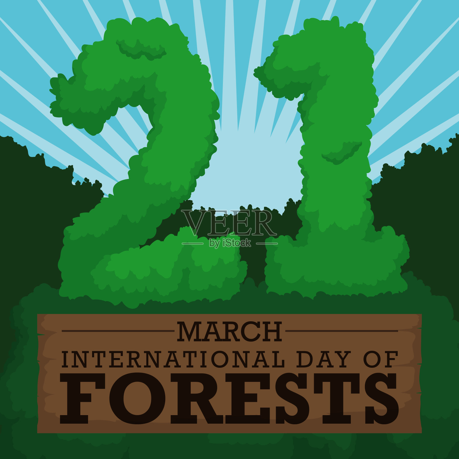 国际森林日有树叶和木制标志的数字插画图片素材