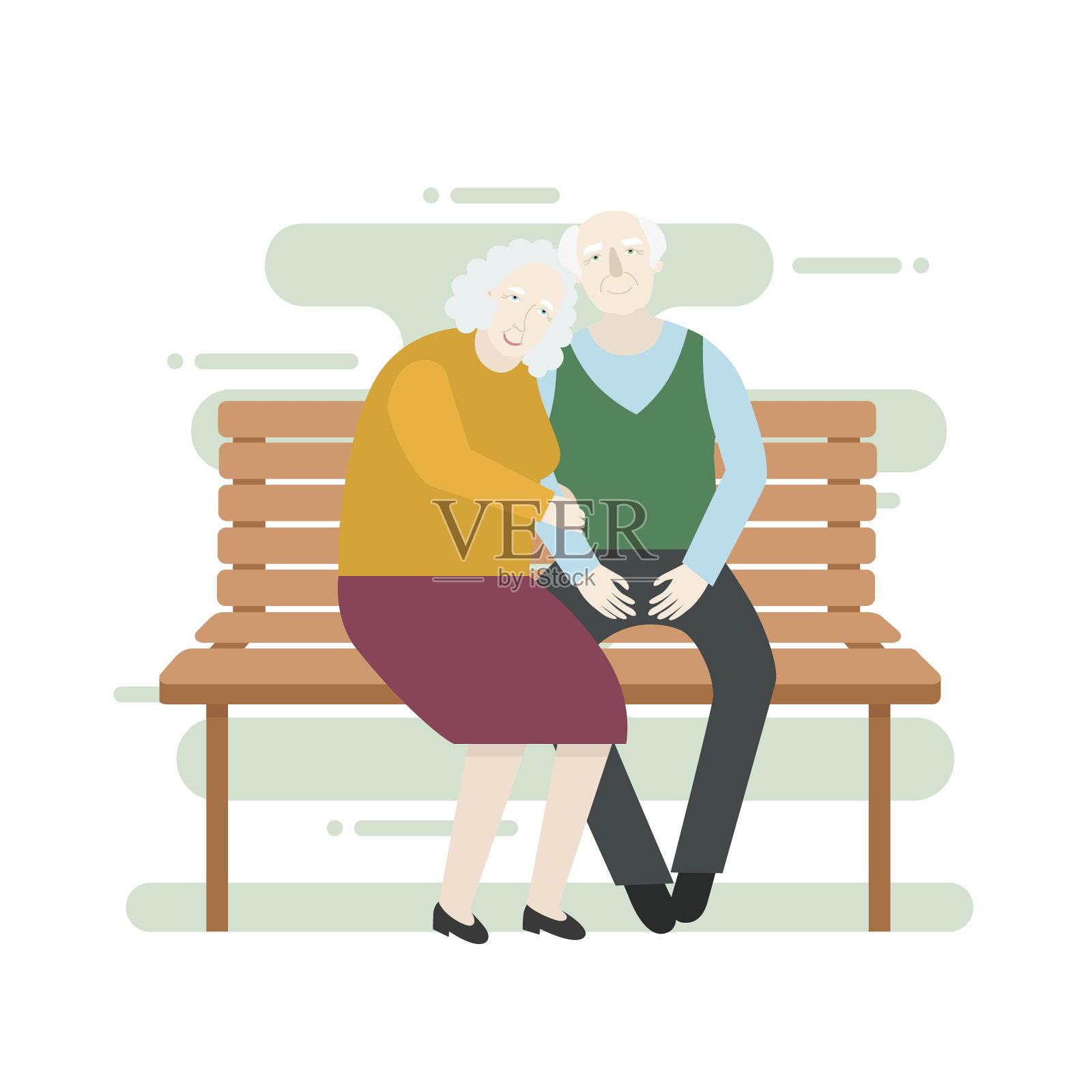 老夫妇坐在长凳上-矢量平面风格的插图在白色的背景。插画图片素材