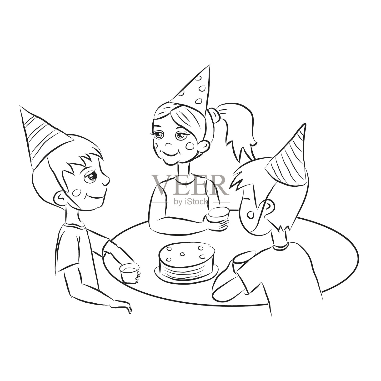 黑白卡通男孩和女孩在派对的帽子坐在桌子旁插画图片素材
