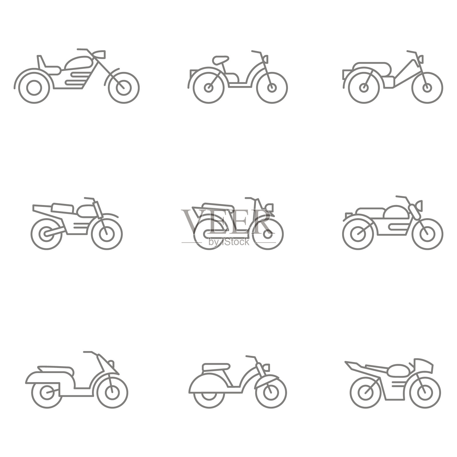 黑白矢量集不同类型的摩托车和轻便摩托车插画图片素材