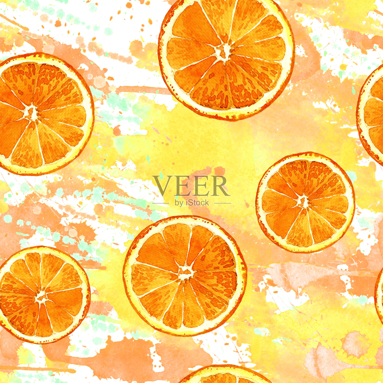 水彩无缝图案的切割橙子彩绘水彩。插画图片素材