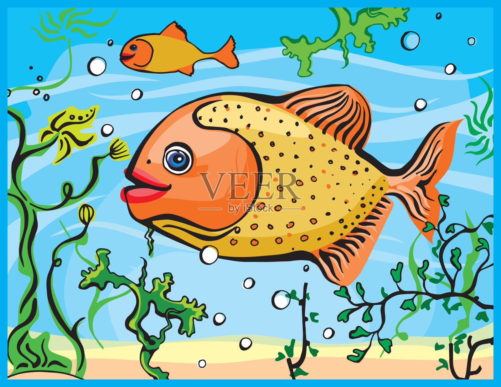 一条长着橙色鳍的黄色鱼漂浮在海床上的许多藻类之间。海底。水族馆。插画图片素材
