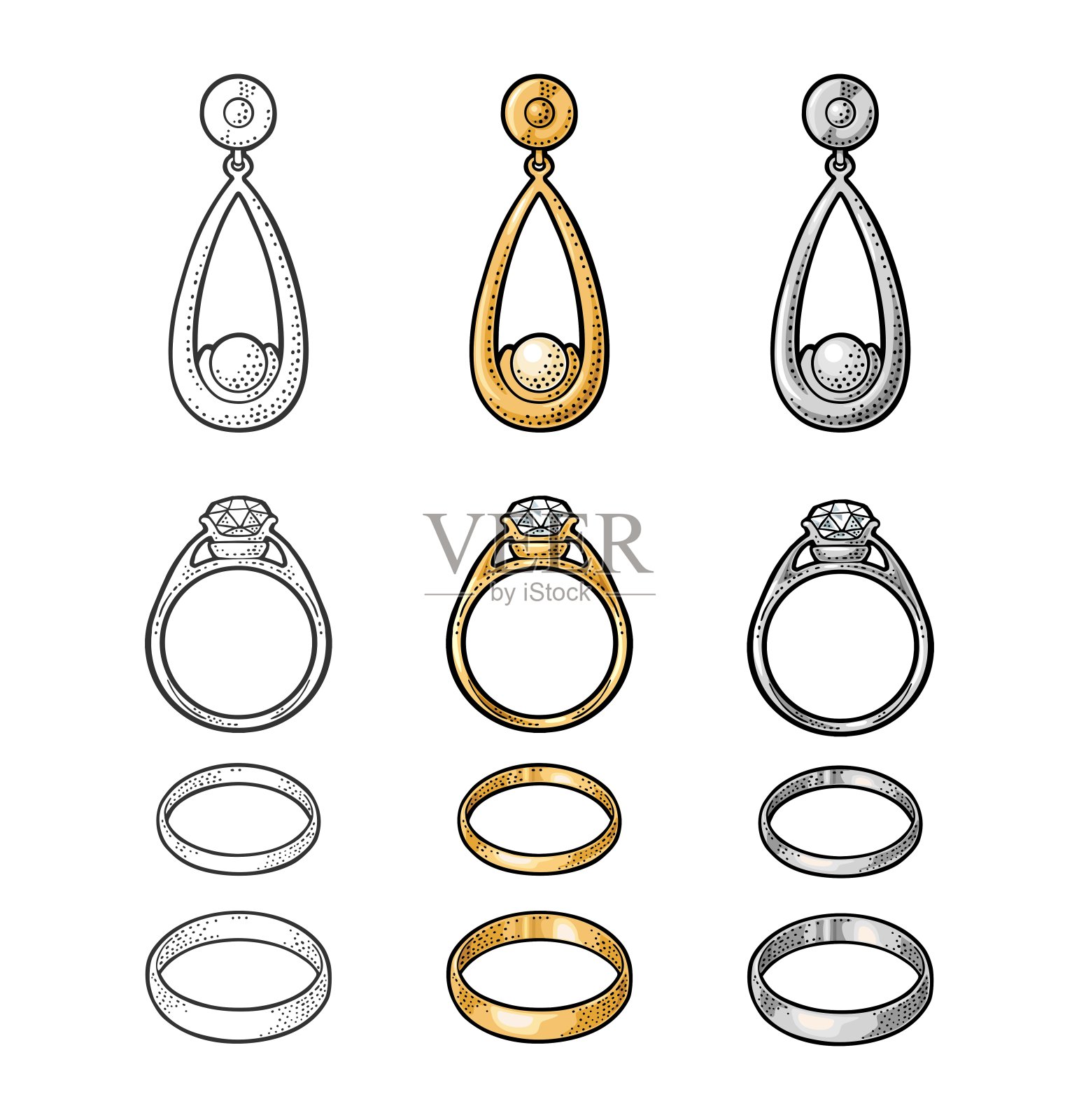 黄金和铂金戒指与钻石。复古色矢量雕刻插画图片素材