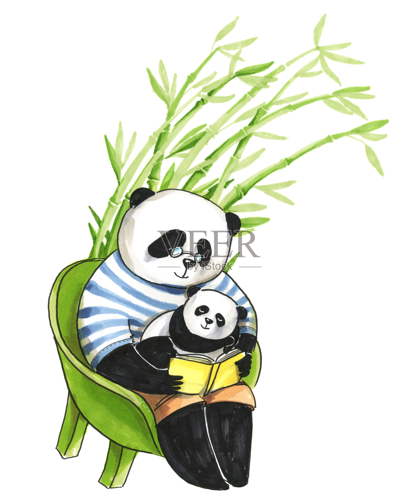 水彩插图。小熊猫爸爸坐在椅子上，给正在睡觉的小熊猫儿子读书插画图片素材