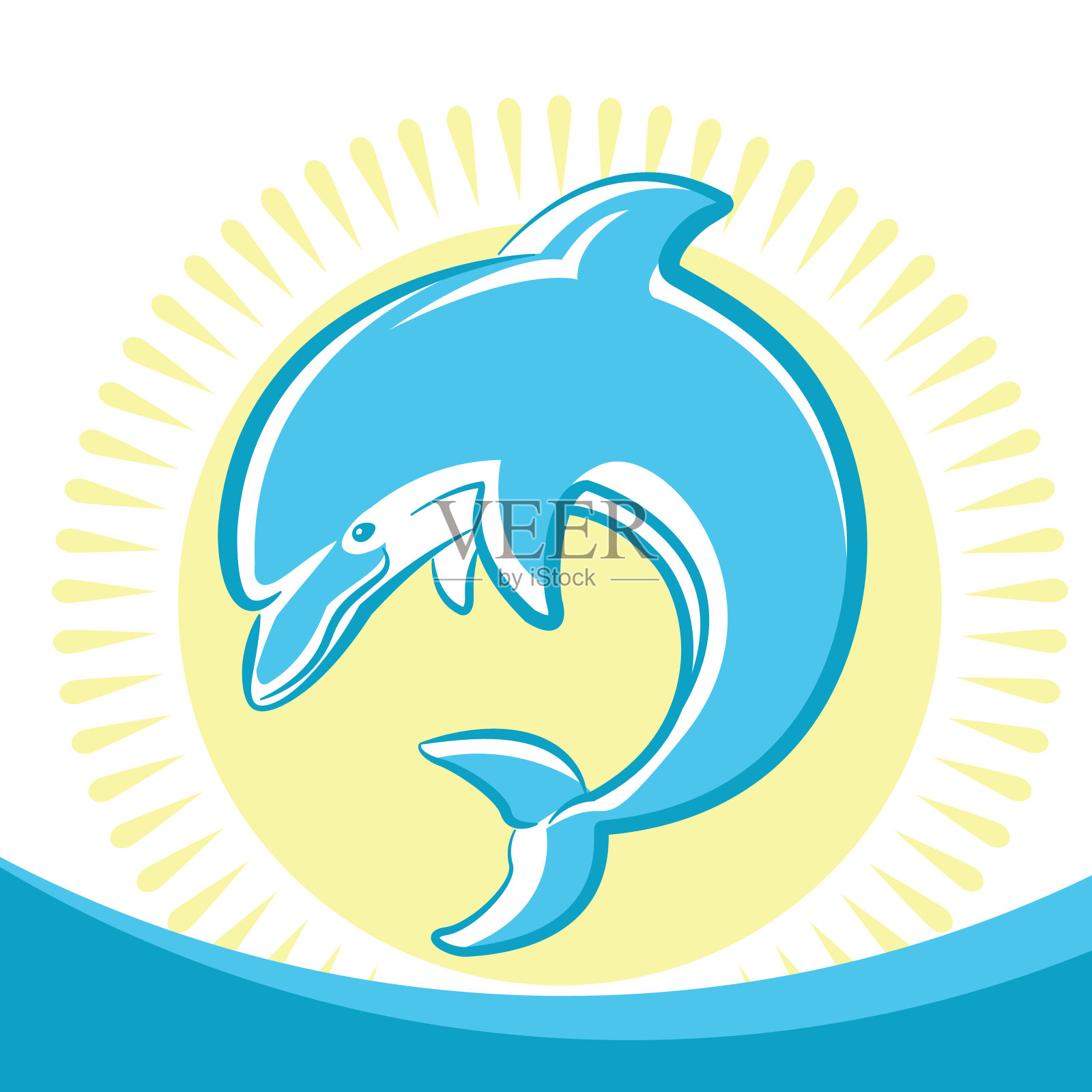 海豚在海浪中跳跃。带太阳的海景矢量符号设计元素图片