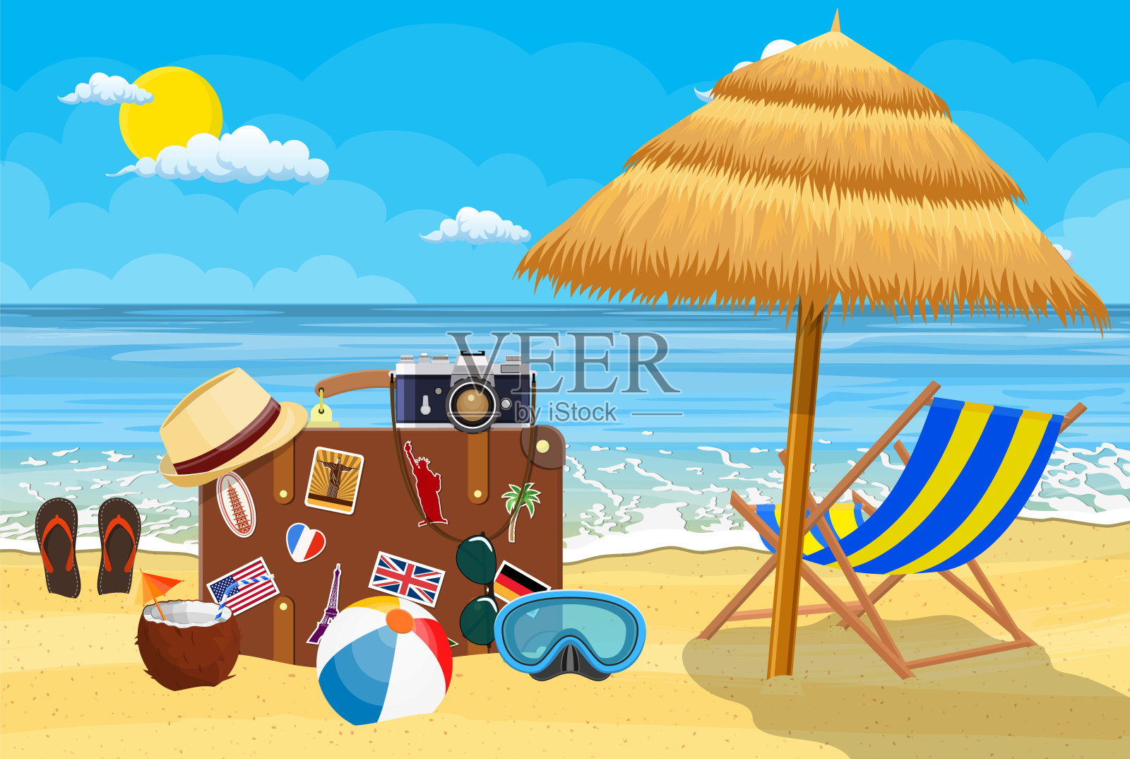沙滩上的老式旅行箱。插画图片素材