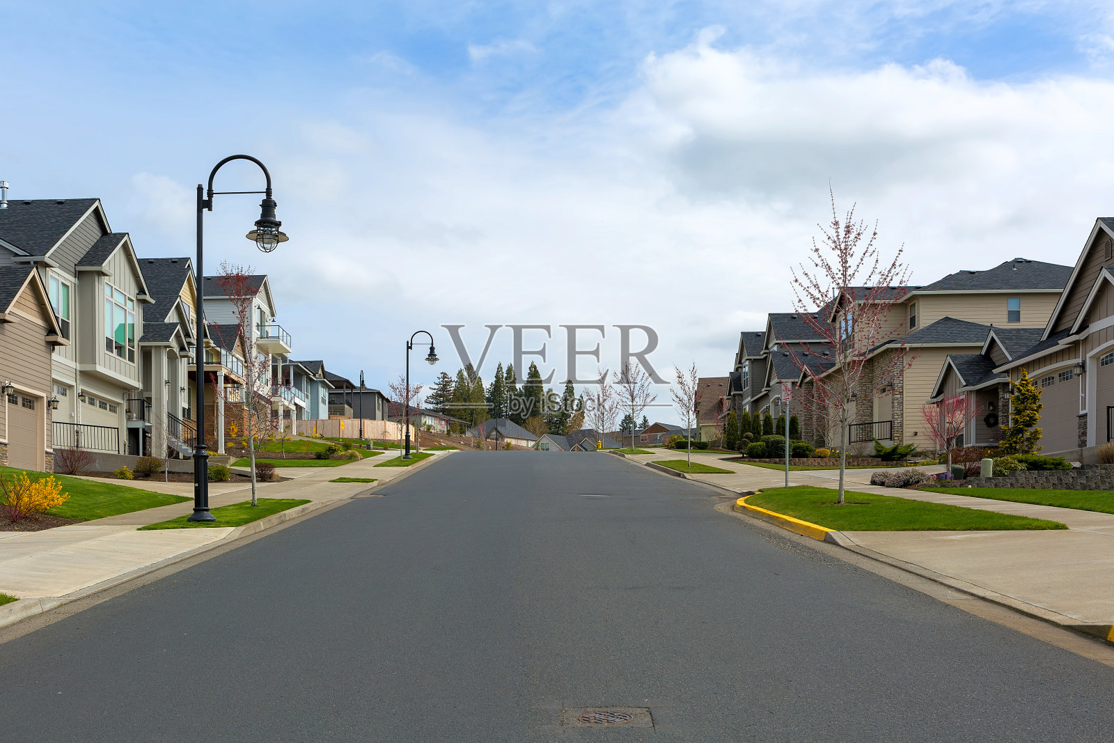在欢乐谷或美国沿着街道的新北美郊区高档社区住宅照片摄影图片