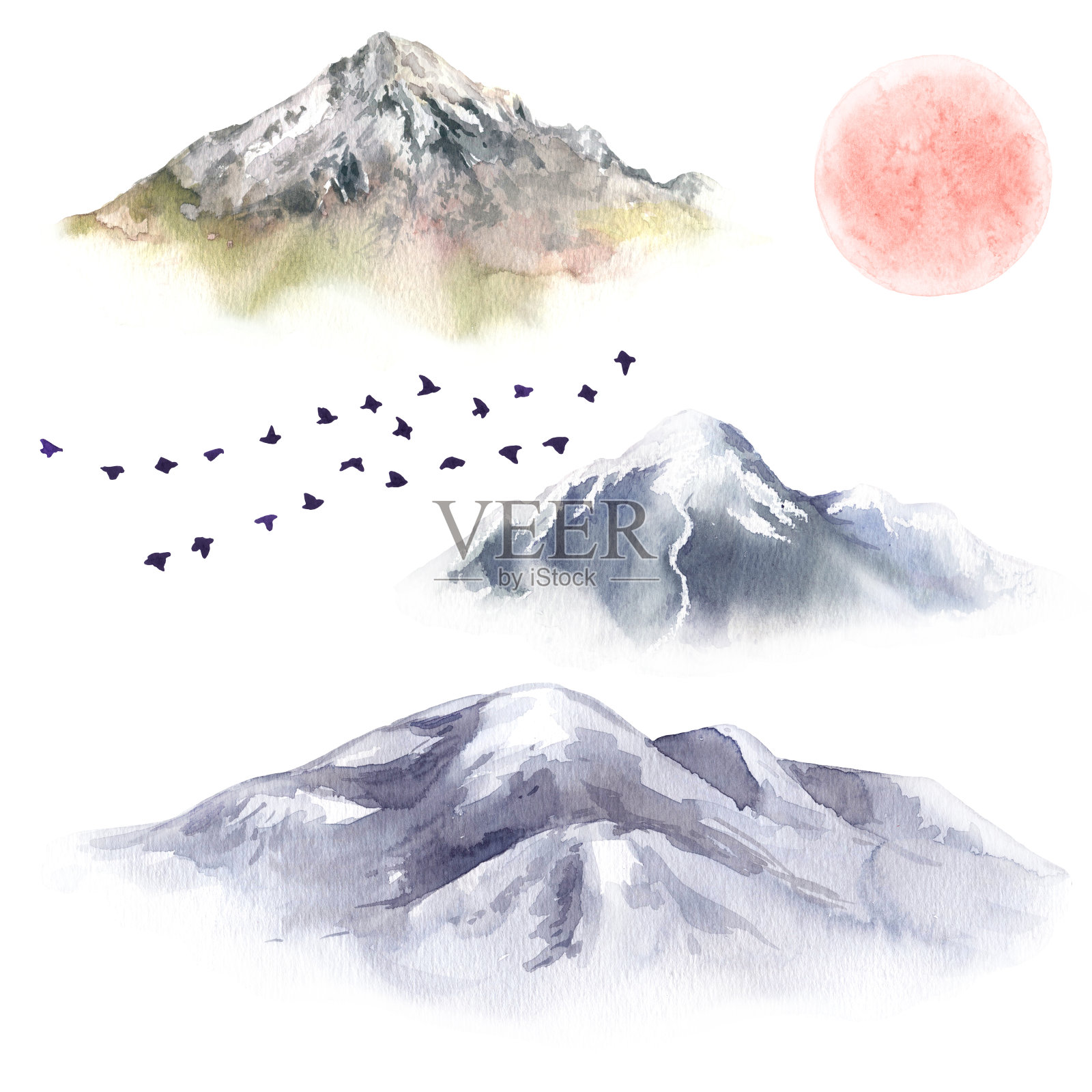 水彩画山，鸟和月亮插画图片素材