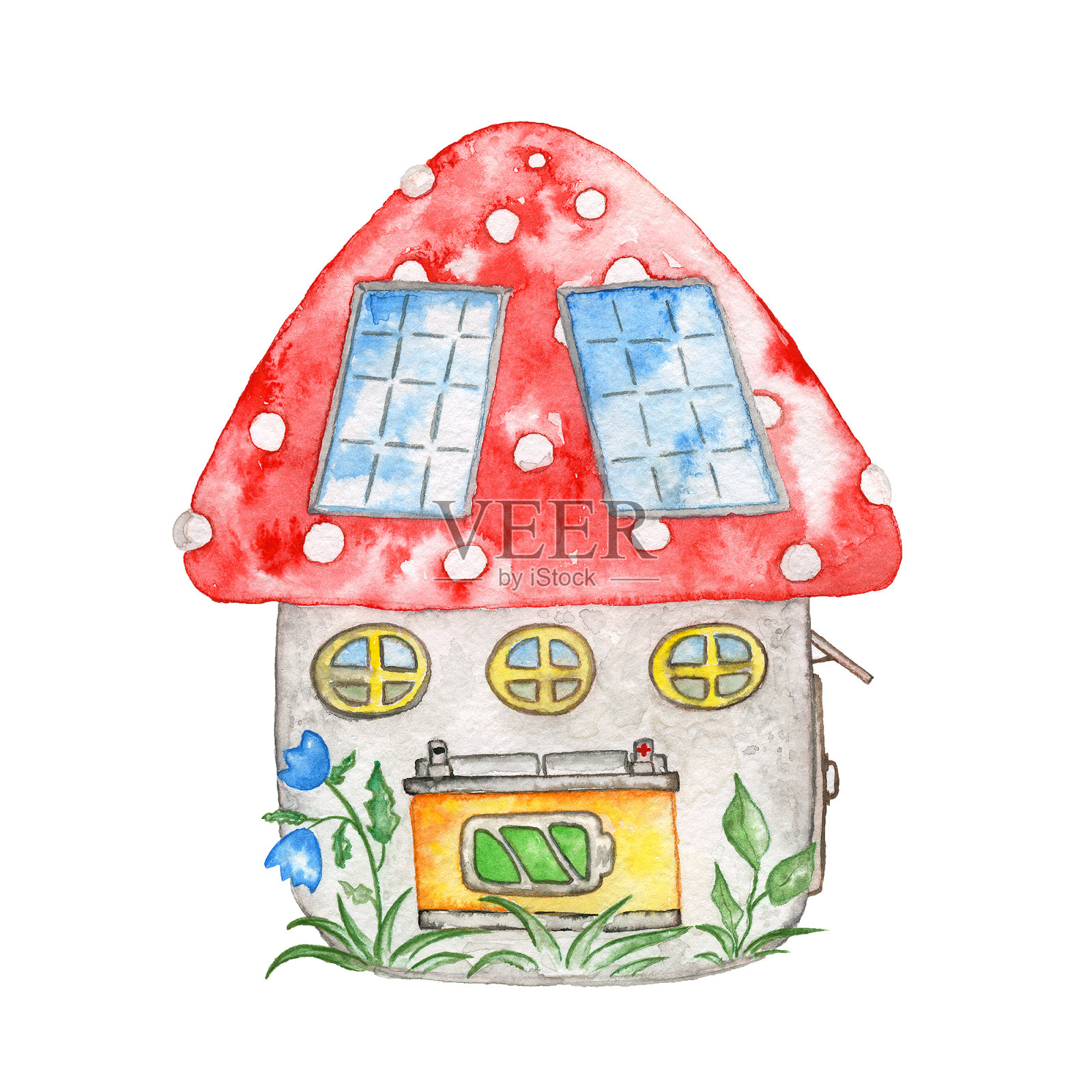 带太阳能板和充电电池的森林小屋。插画图片素材