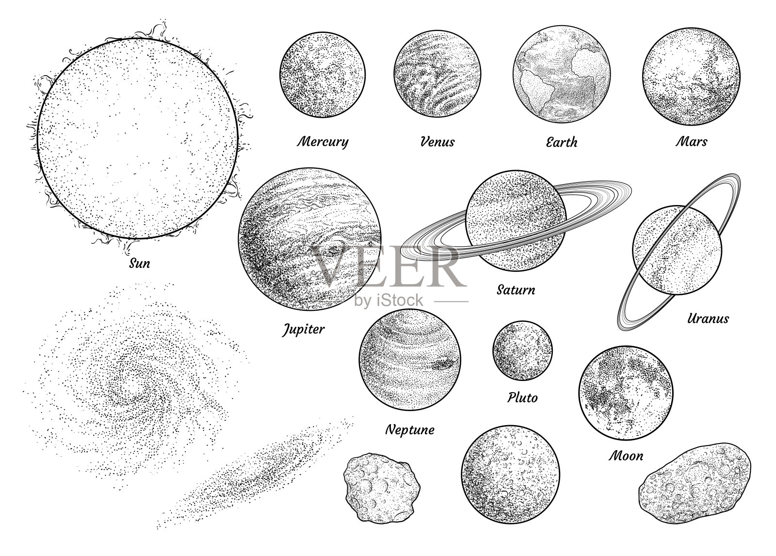 太阳系插图，绘画，雕刻，油墨，线条艺术，矢量设计元素图片