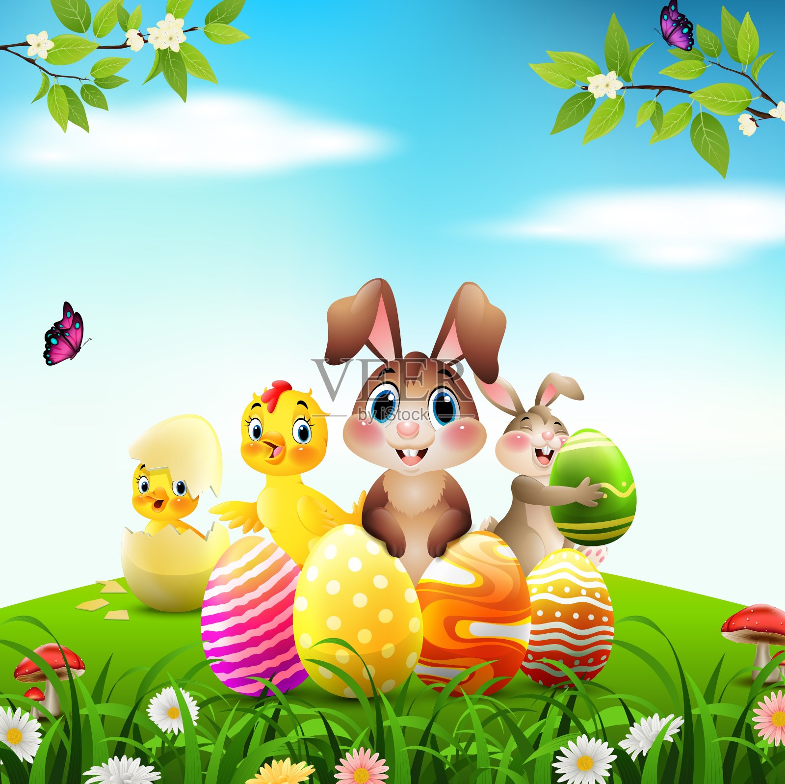 复活节兔子和小鸡小鸭在草地上插画图片素材