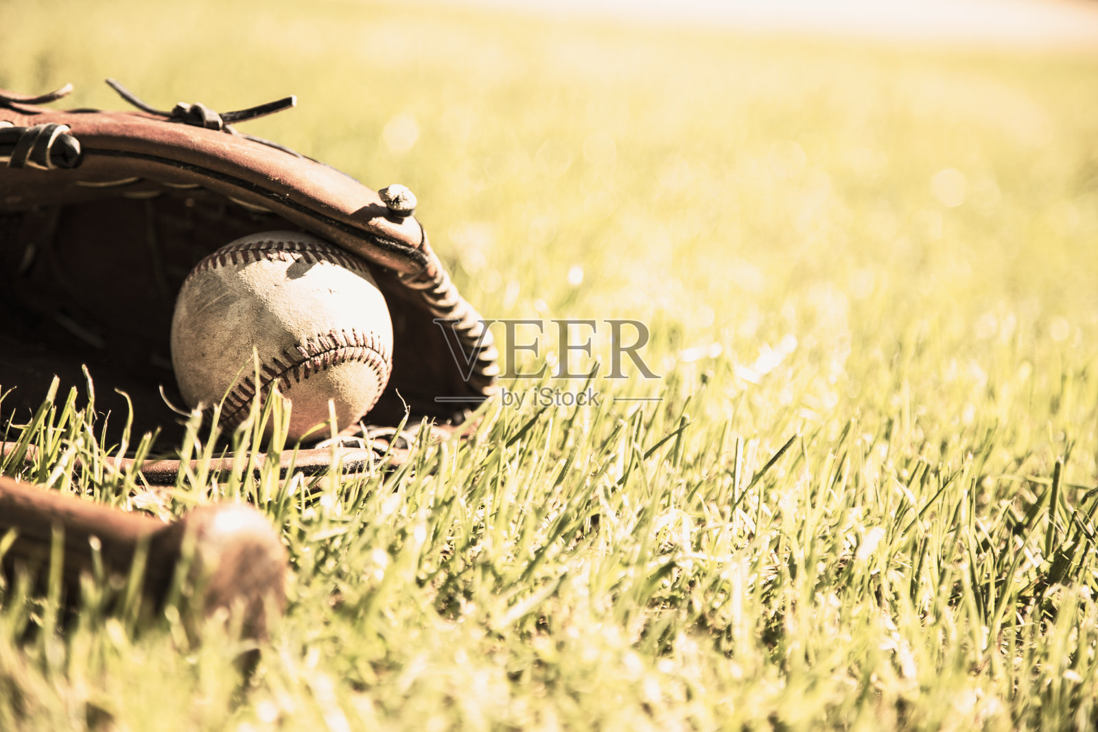 棒球赛季到了。球场上的球棒、手套和球。照片摄影图片