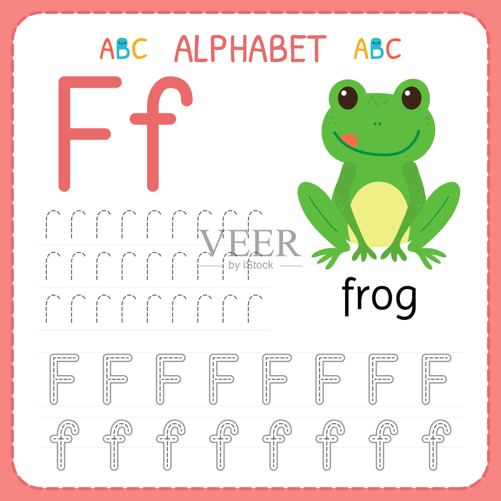 学龄前和幼儿园的字母追踪工作表。写字母f的练习插画图片素材
