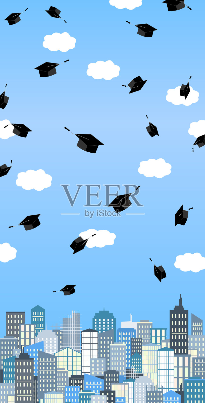 毕业礼帽高高挂在城市上空。毕业典礼横幅。向量的名片。插画图片素材