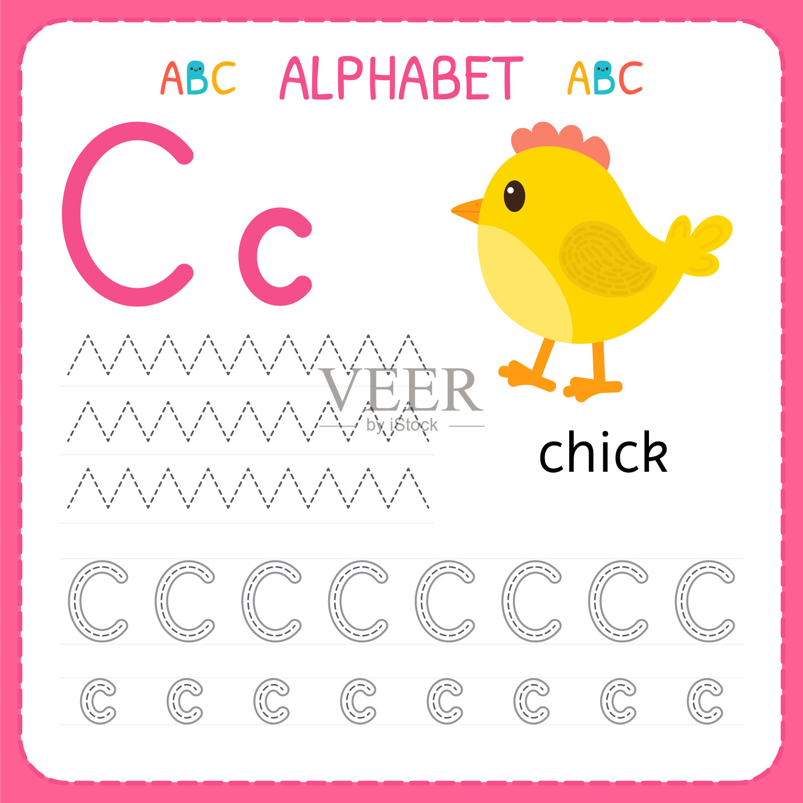 学龄前和幼儿园的字母追踪工作表。写练习字母c的儿童练习插画图片素材