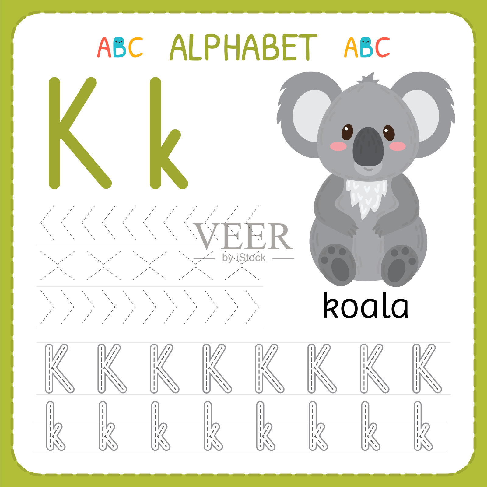 学龄前和幼儿园的字母追踪工作表。写练习字母k的孩子练习插画图片素材