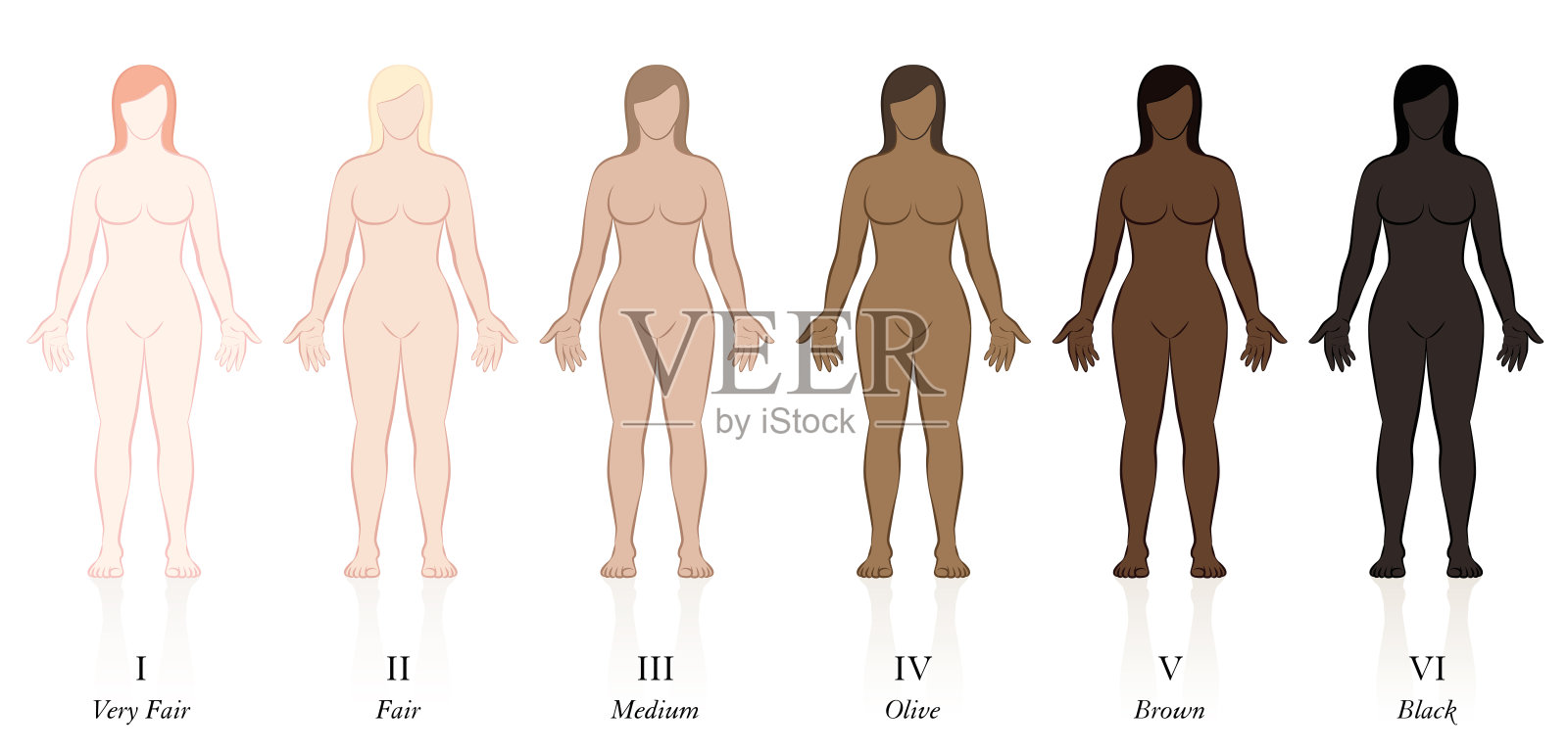 皮肤类型。六个不同肤色的女人。非常白皙、白皙、中等、橄榄色、棕色和黑色，以确定防晒系数。插画图片素材