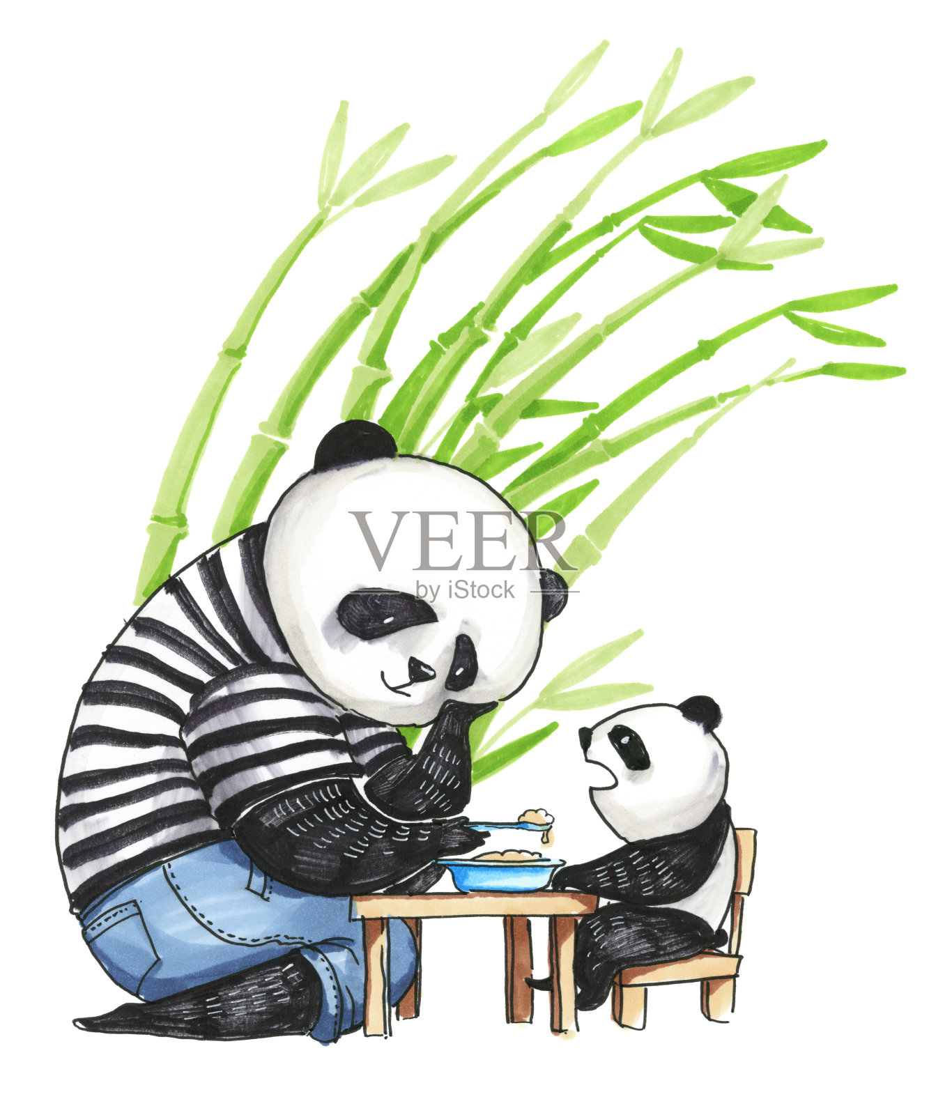 水彩插图。熊猫爸爸穿着黑白相间的t恤给他的小儿子熊猫喂奶。插画图片素材