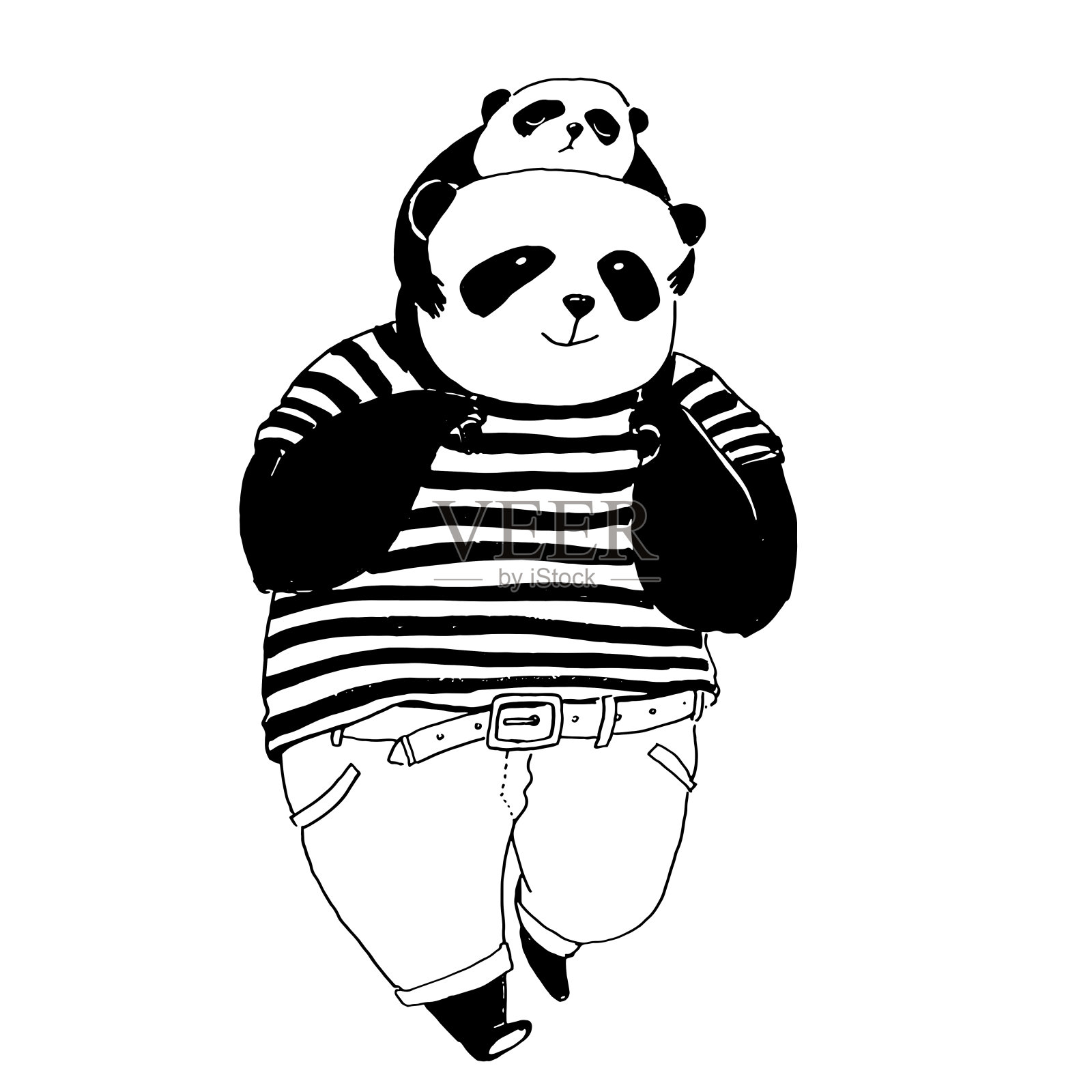 矢量黑白插图着色书。熊猫爸爸穿着黑色和白色的t恤走远了，他的小熊猫在他的肩膀上插画图片素材