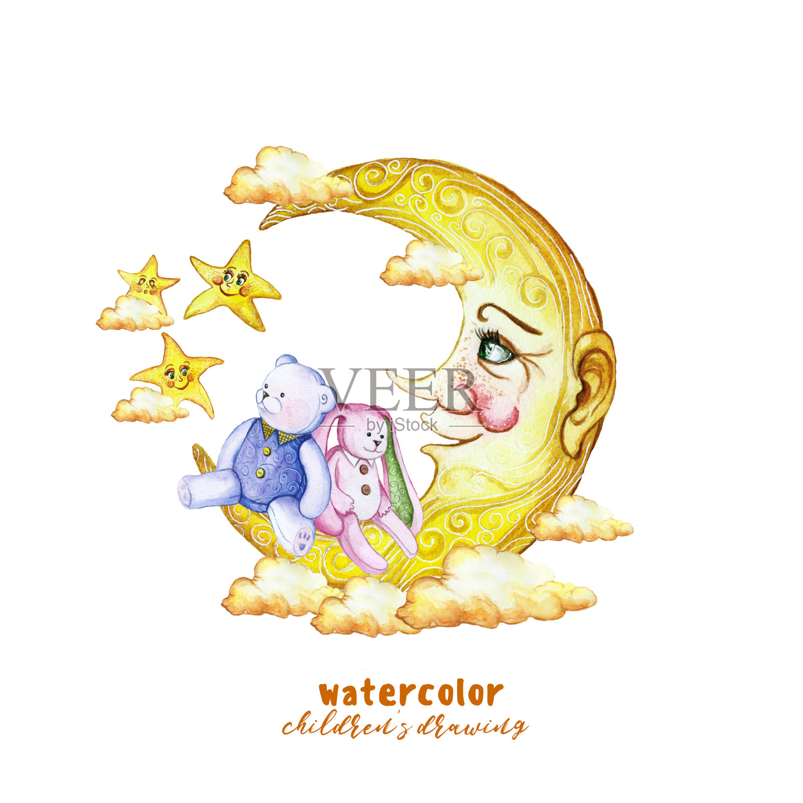 水彩画版画儿童插画用一个月和一个毛绒玩具熊和兔子，在天空中的星星和橙色的云卡通风格，对夜晚的主题，星座进行装饰和设计插画图片素材