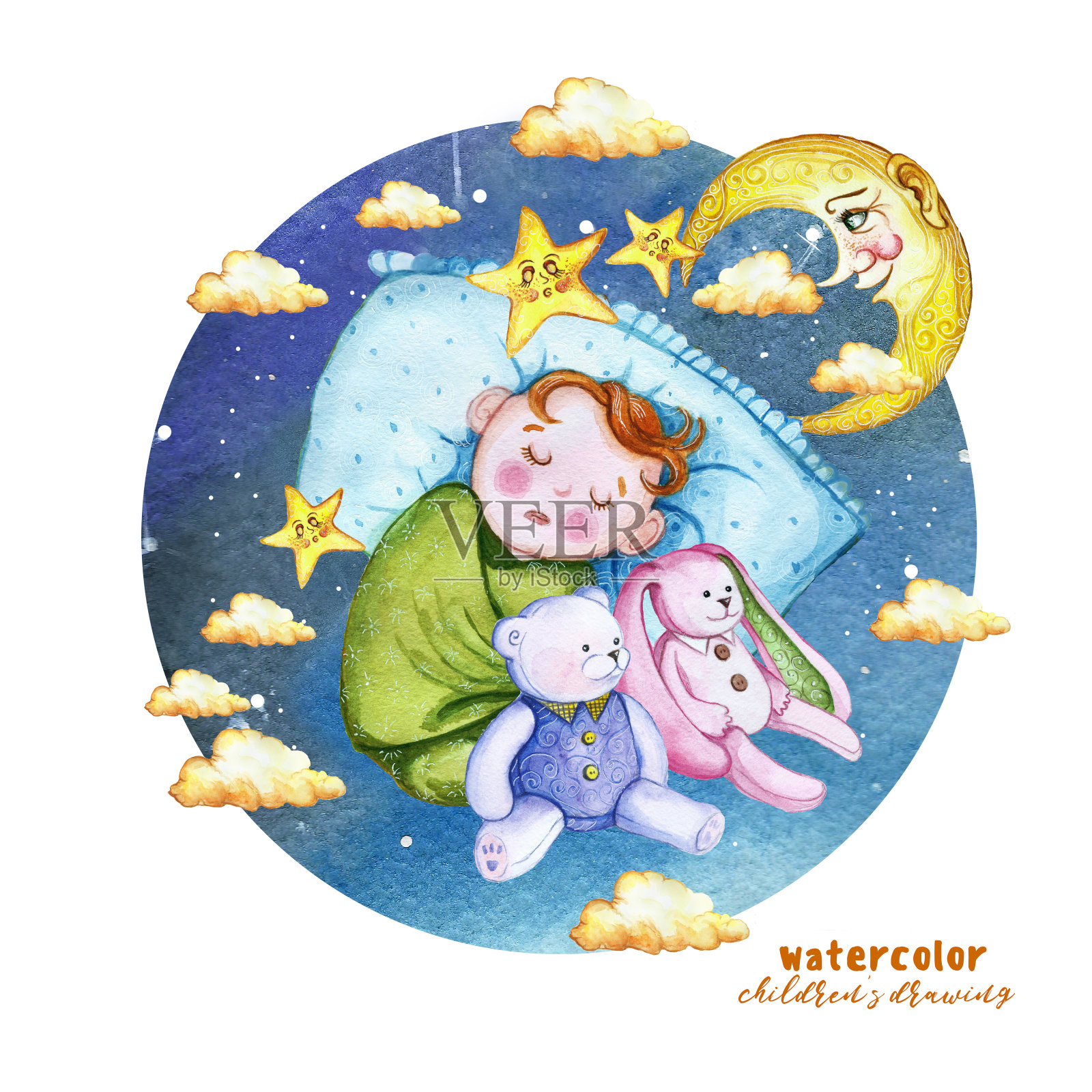水彩画打印的儿童插画，一个孩子在尿布，婴儿是睡在枕头上，周围的星星和云彩，坐在旁边的一个柔软的玩具兔和熊，毛绒玩具为装饰和设计的儿童插画图片素材