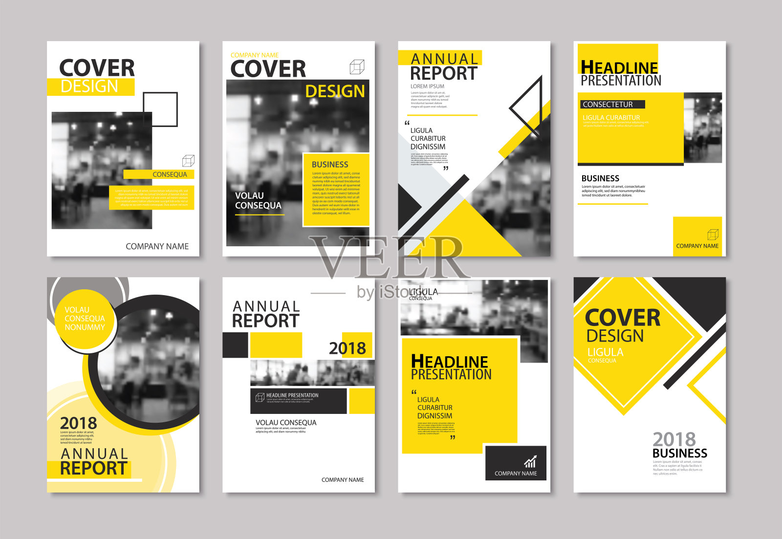 一套黄色封面年报，宣传册，设计模板。用于商业杂志，传单，介绍，组合，海报，企业背景。设计模板素材